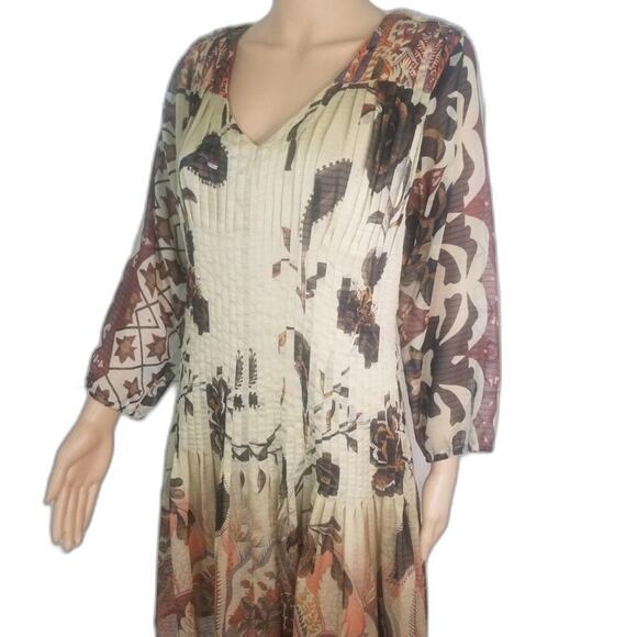 Desigual by Christian Lacroix Brown Pleated Floral Midi Long Sleeve Dress Size 8 - Picture 2 of 8